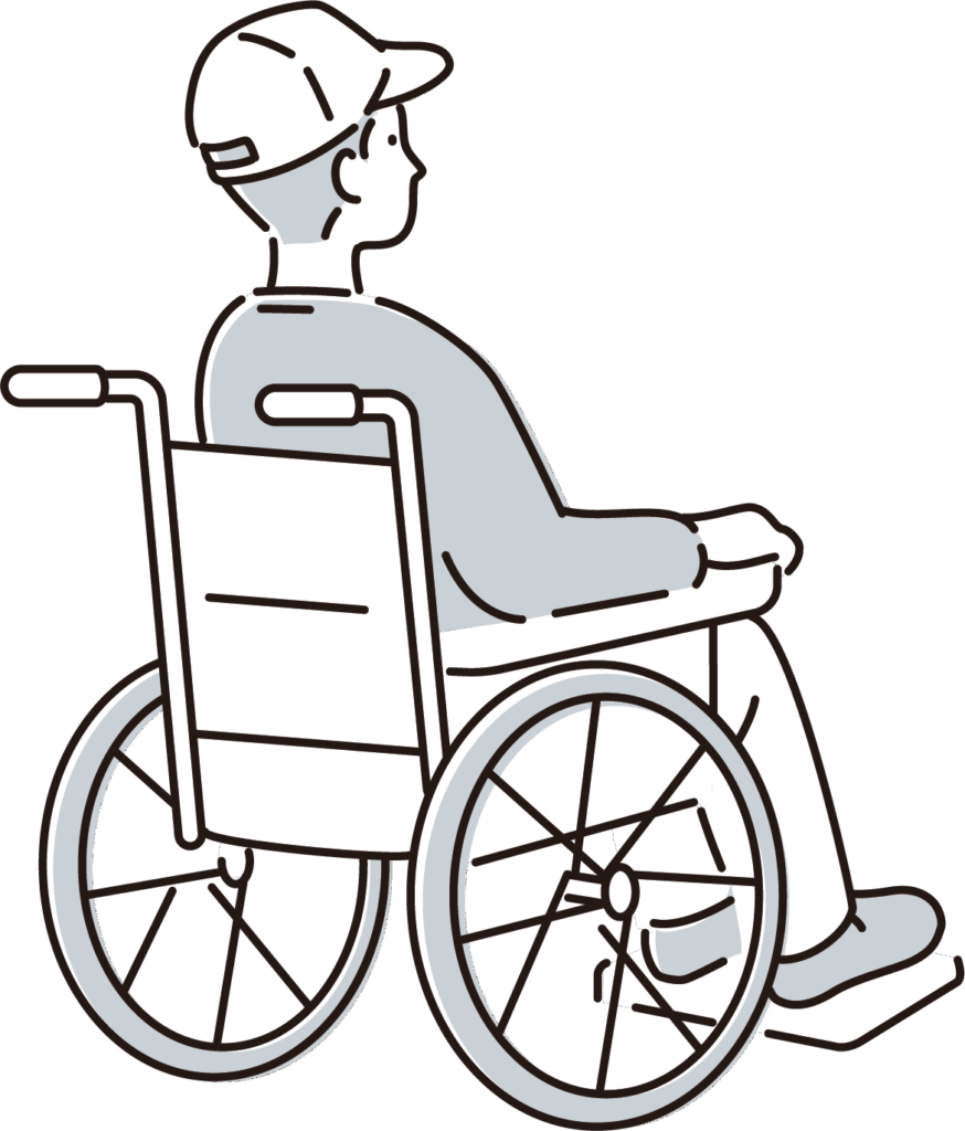 車椅子のイラスト（斜め後ろ向き・男性・モノクロ）
