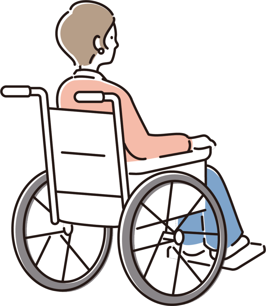 車椅子のイラスト（斜め後ろ向き・女性）
