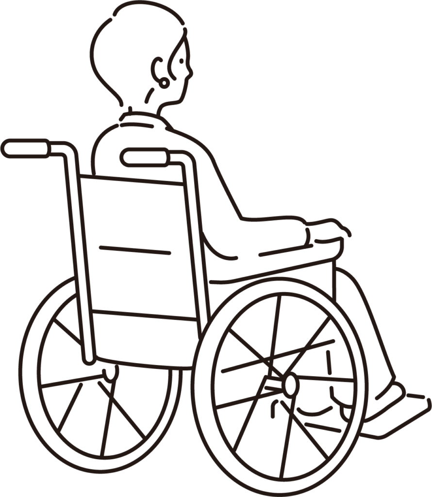 車椅子のイラスト（斜め後ろ向き・女性・線）