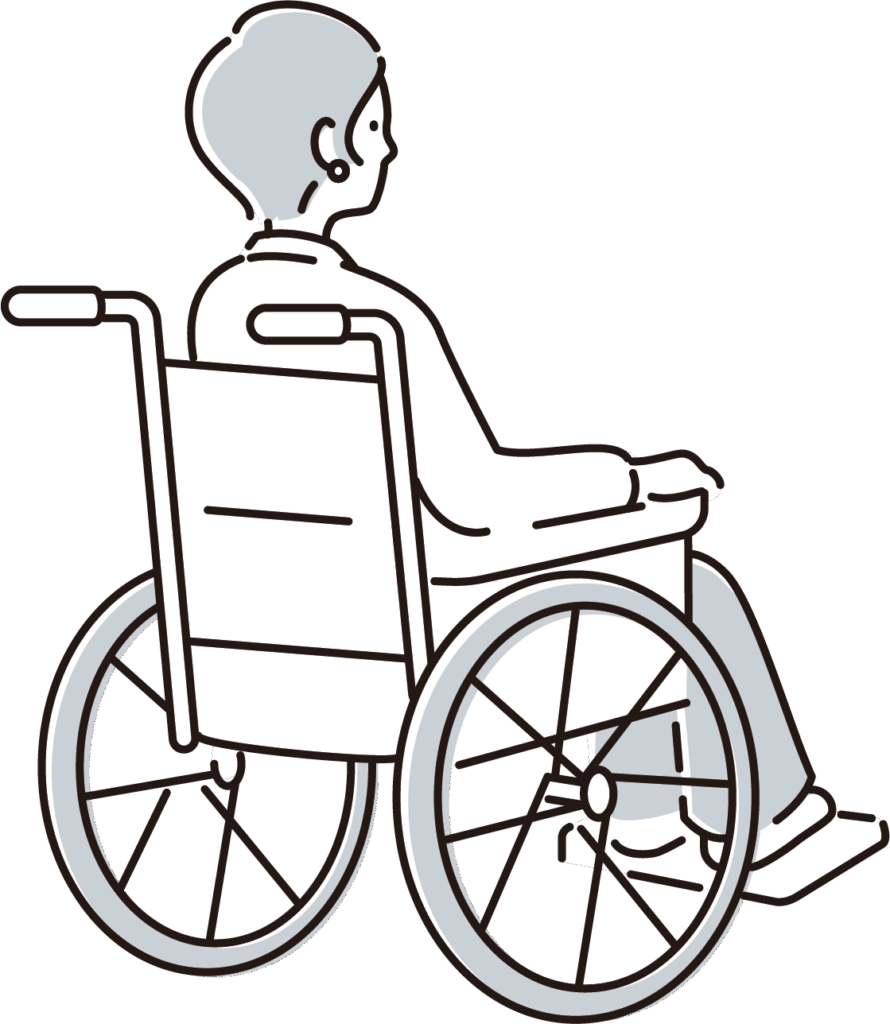 車椅子のイラスト（斜め後ろ向き・女性・モノクロ）