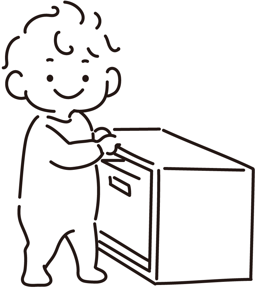 つかまり立ちをする赤ちゃんのイラスト（線）
