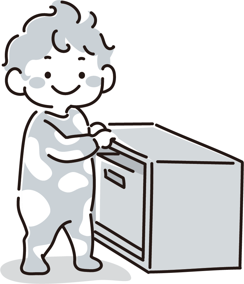 つかまり立ちをする赤ちゃんのイラスト（モノクロ）