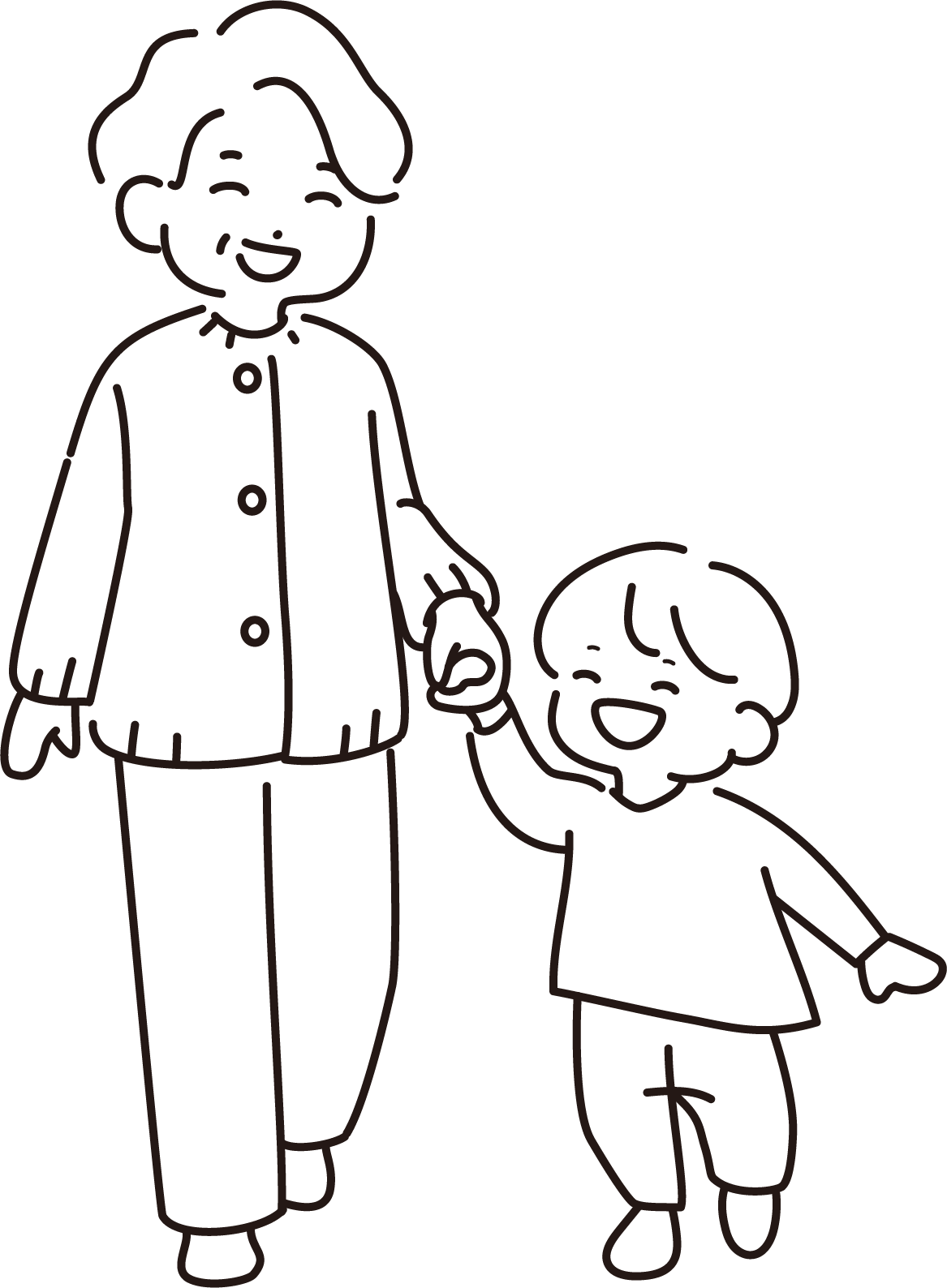 手を繋いで歩くおばあちゃんと小さい子供（男の子）線画