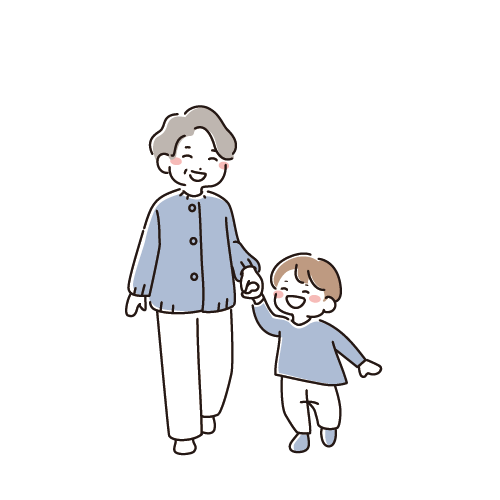 手を繋いで歩くおばあちゃんと小さい子供（男の子）