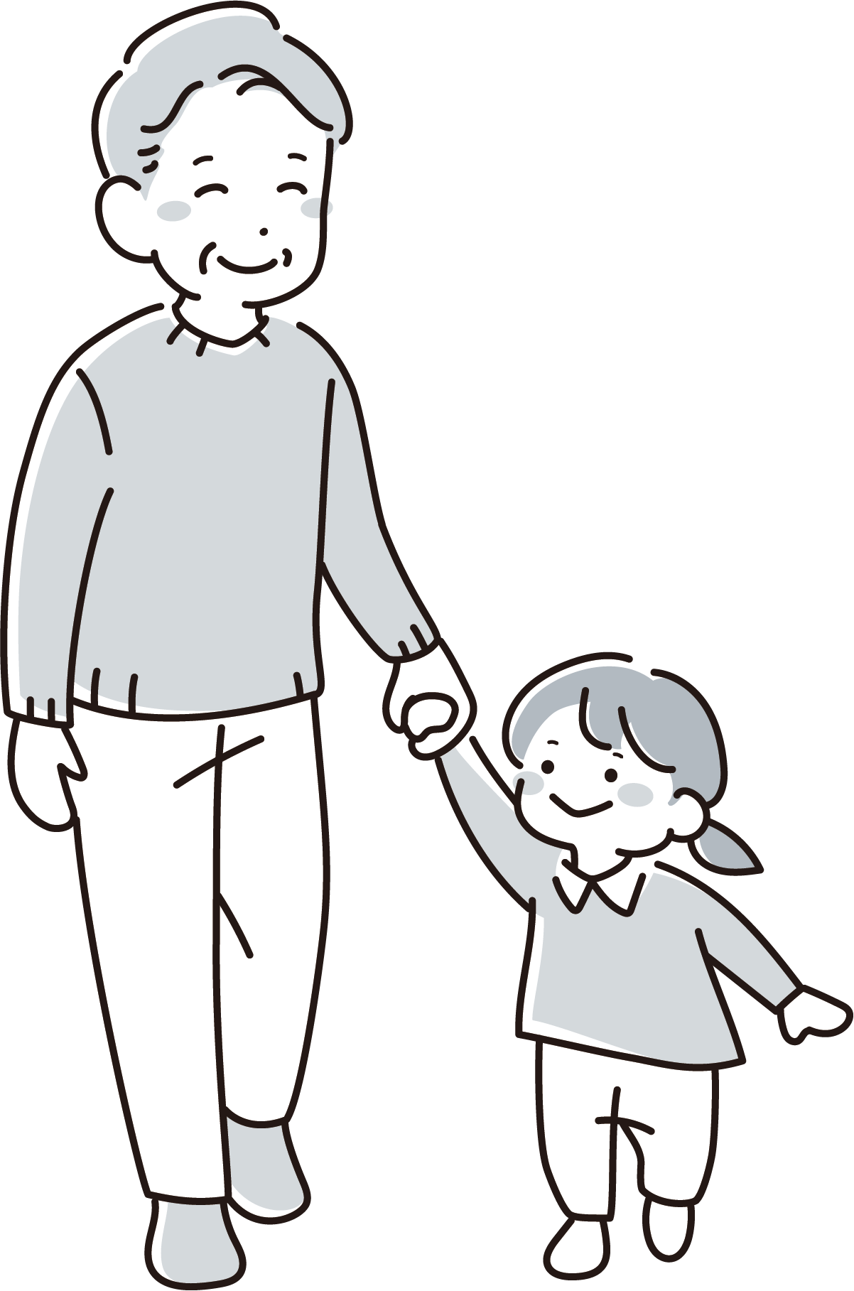 手を繋いで歩くおじいちゃんと小さい子供（女の子）モノクロ