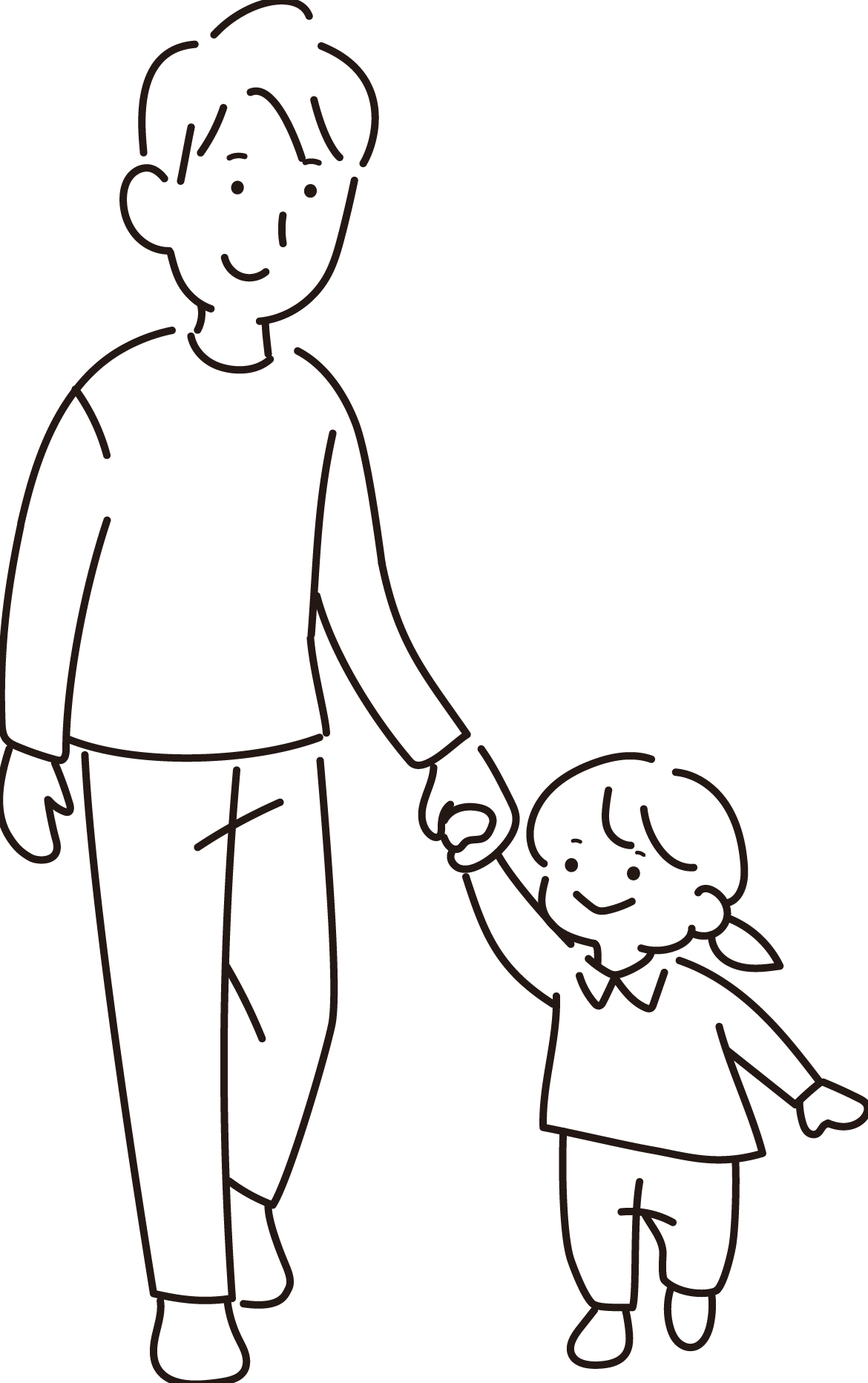 手を繋いで歩くお父さんと小さい子供（女の子）線画