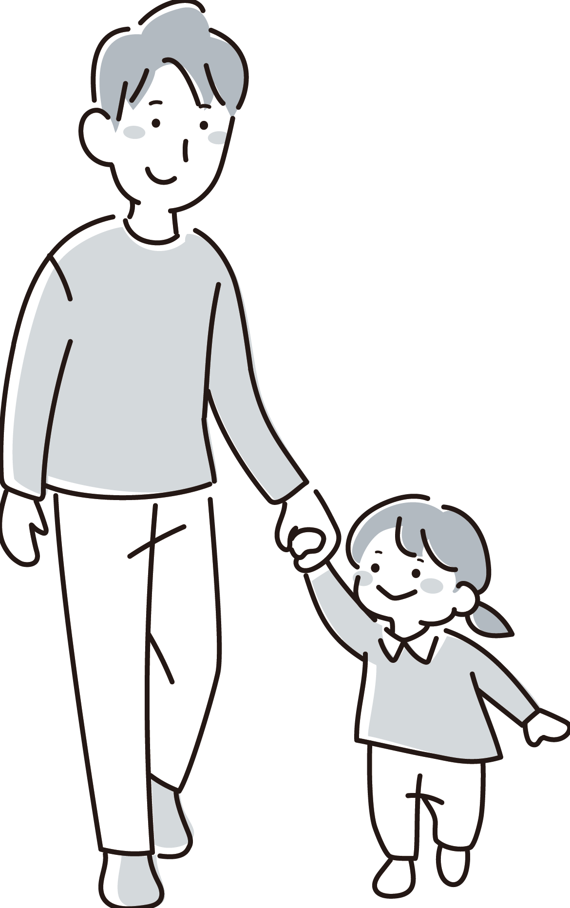 手を繋いで歩くお父さんと小さい子供（女の子）モノクロ