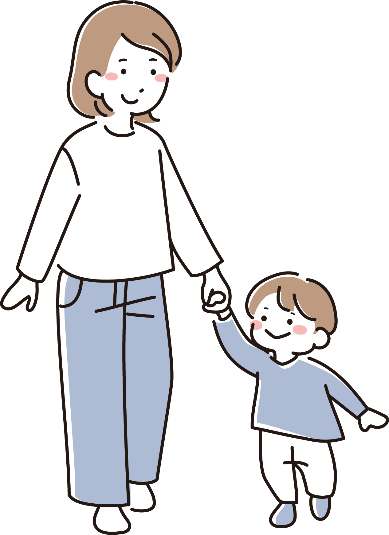 手を繋いで歩くお母さんと小さい子供（男の子）