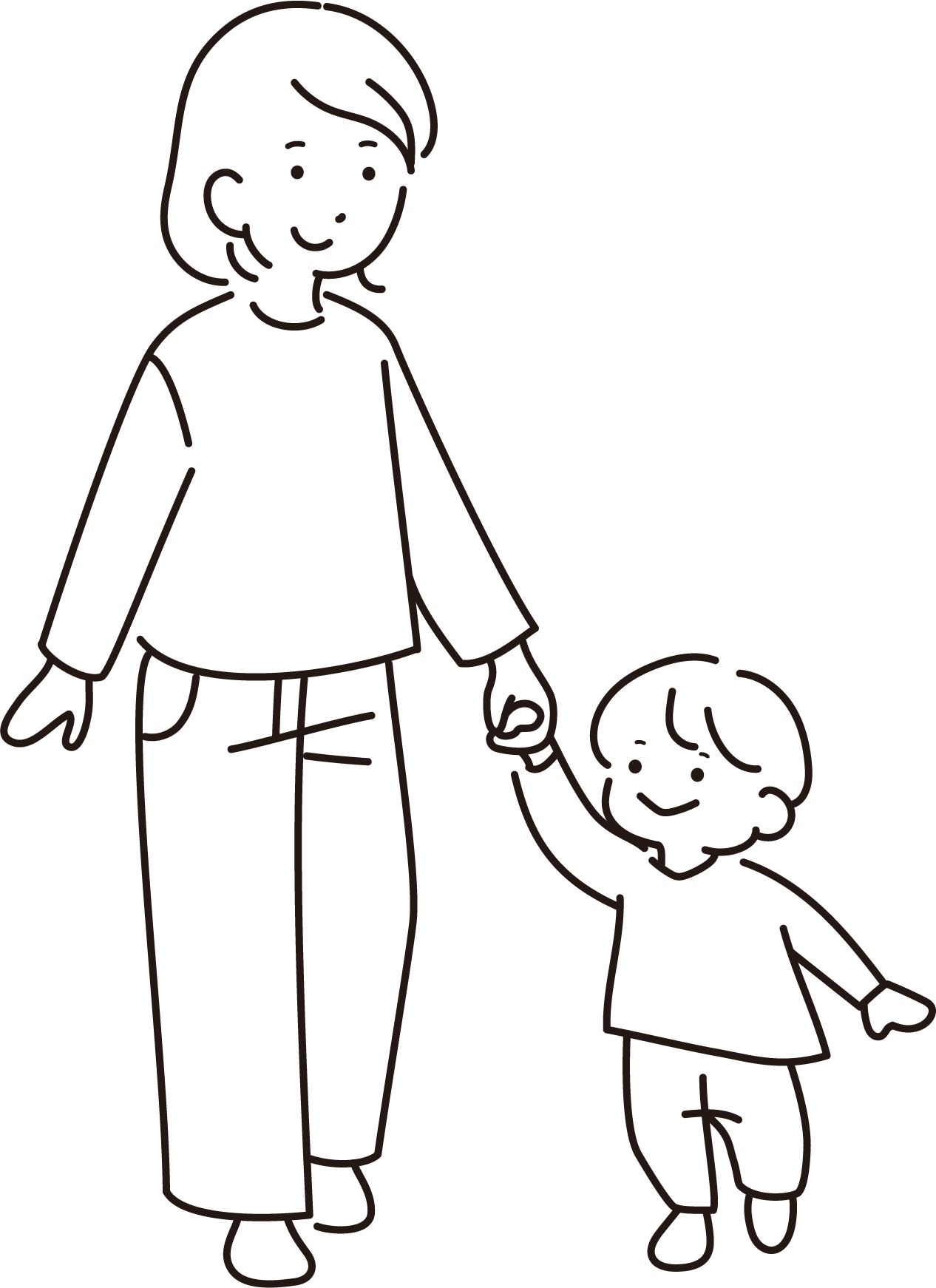 手を繋いで歩くお母さんと小さい子供（男の子）線画