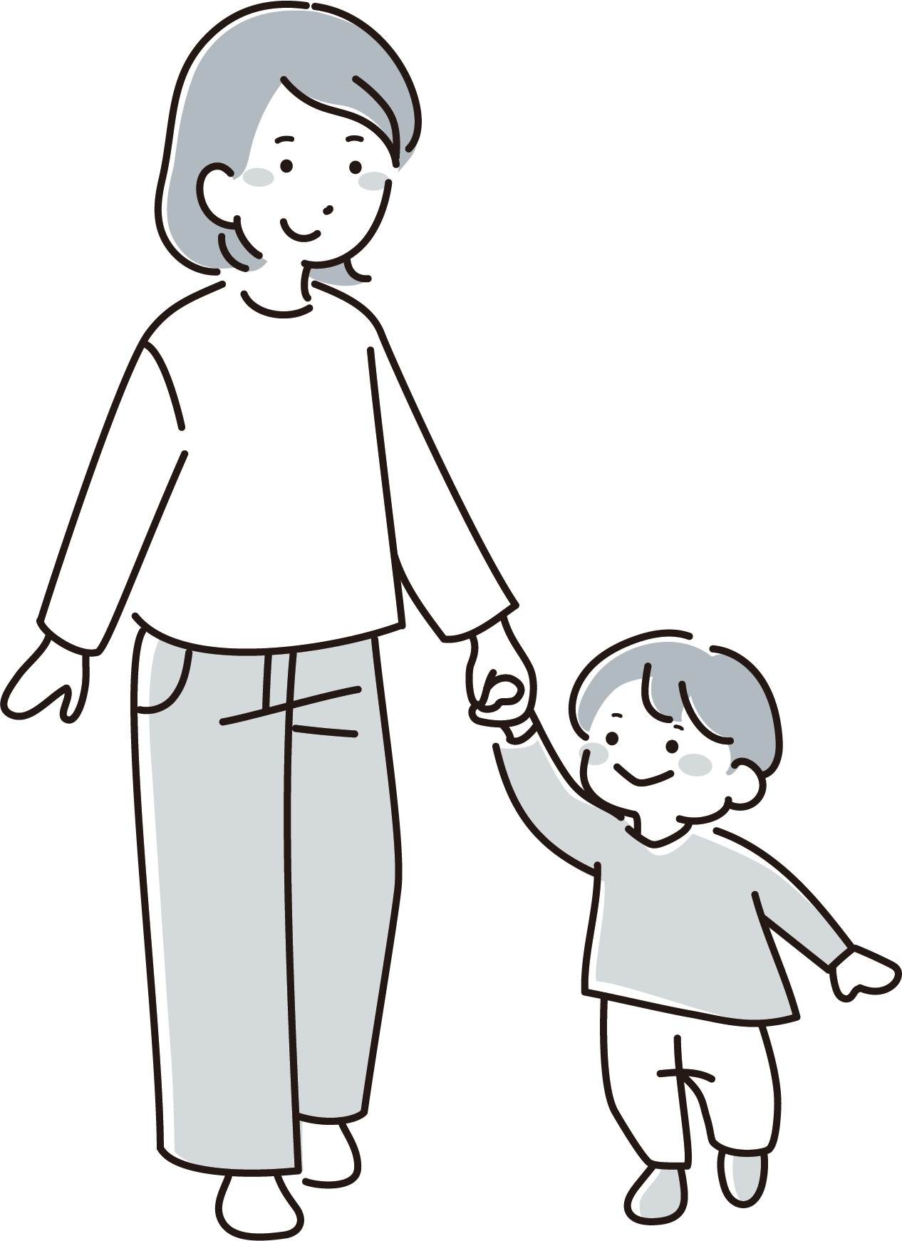 手を繋いで歩くお母さんと小さい子供（男の子）モノクロ