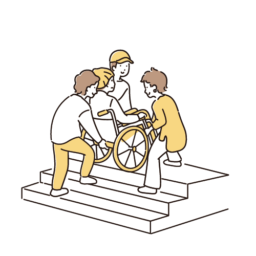 階段を登る車椅子の人、手伝う人たち